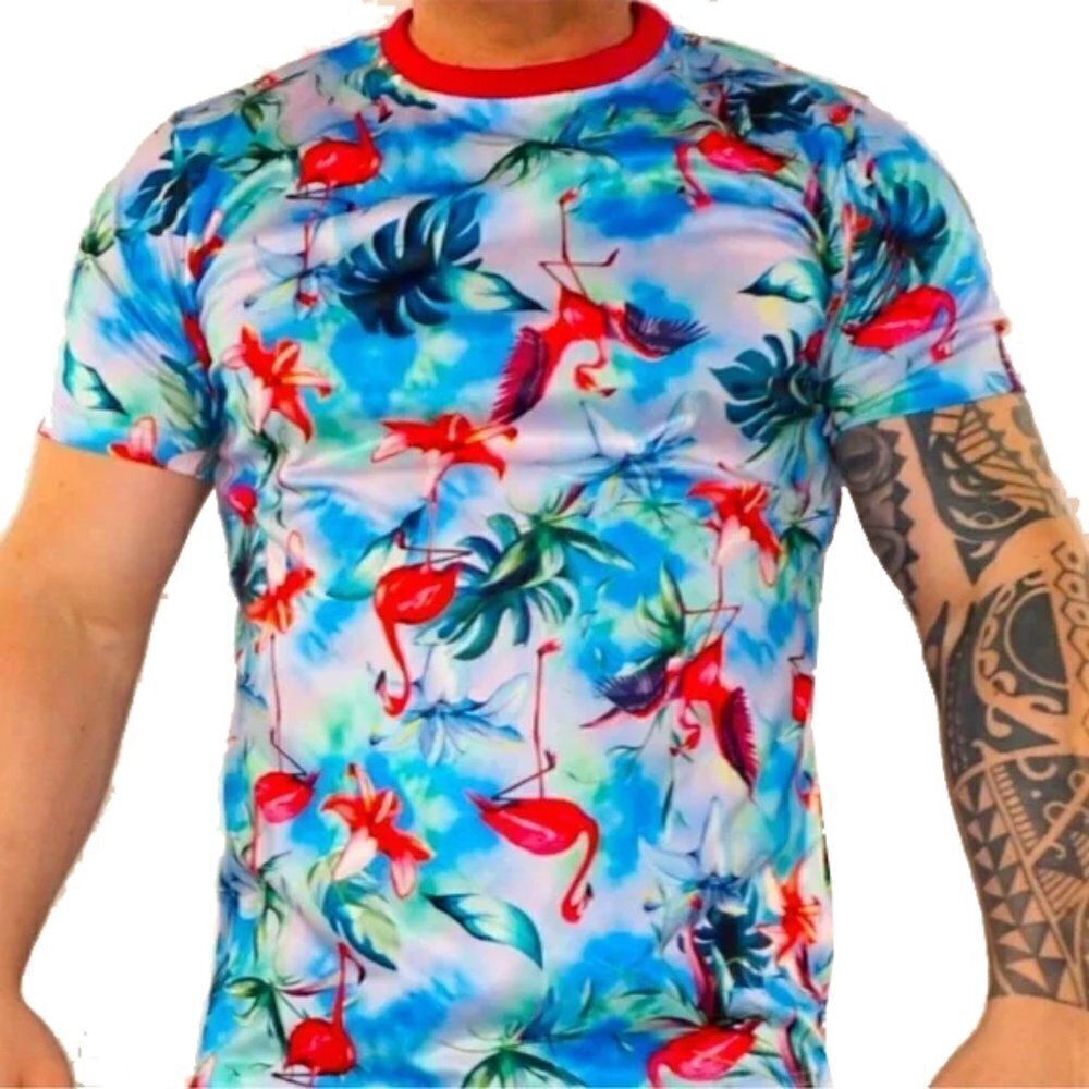 ❤️ 🆕 GOOD VIBES Flamingo Print Tropical Shirt Size Medium